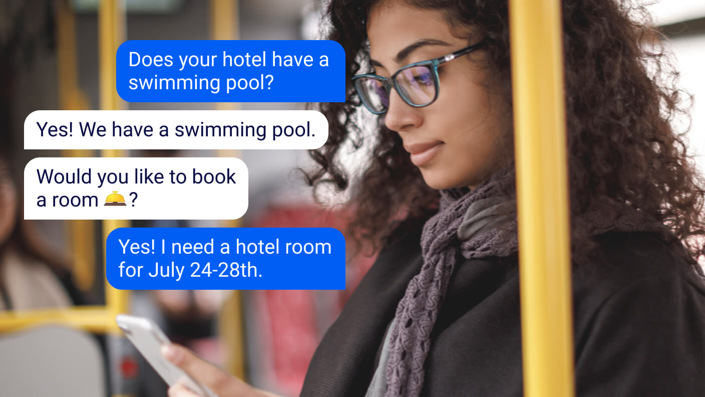 woman booking hotel over text messaging