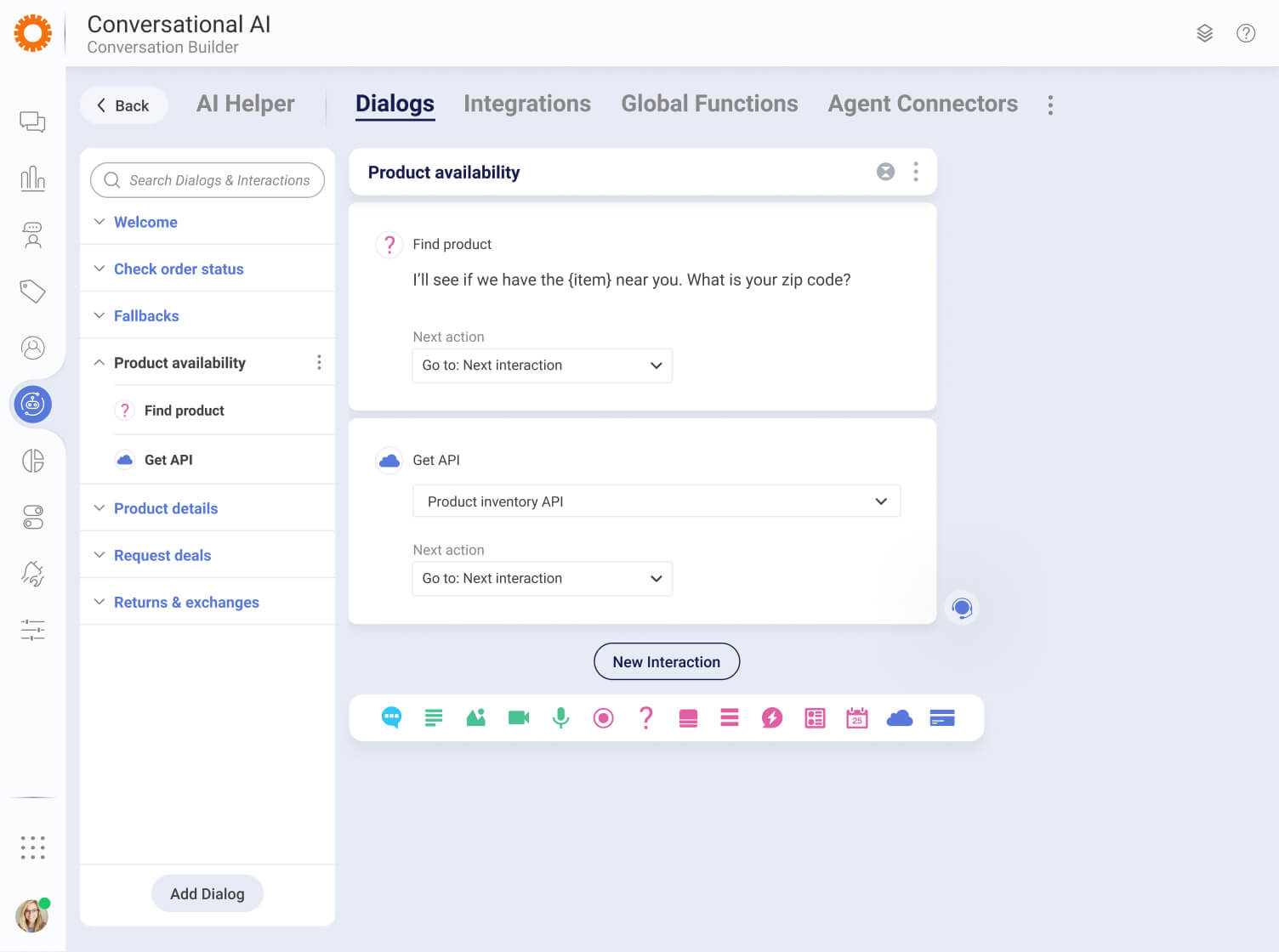 dashboard for building bot flows for conversational commerce platforms