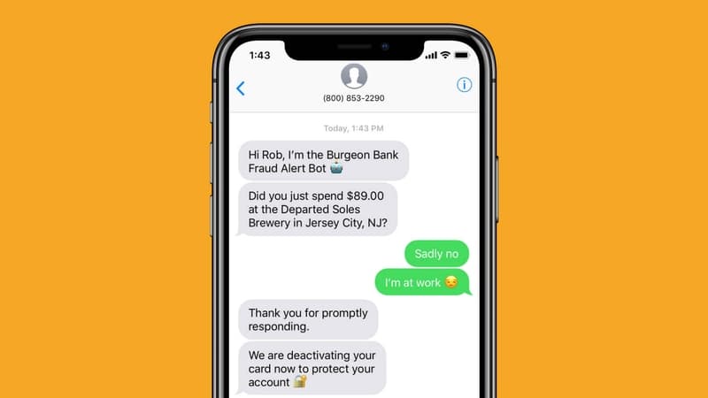 Example of how chatbots can help protect your baking information with alerts about credit or debit card usage