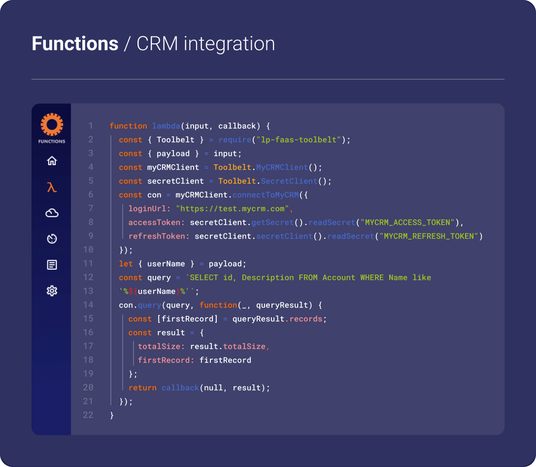 Code using LivePerson Functions for a CRM integration.