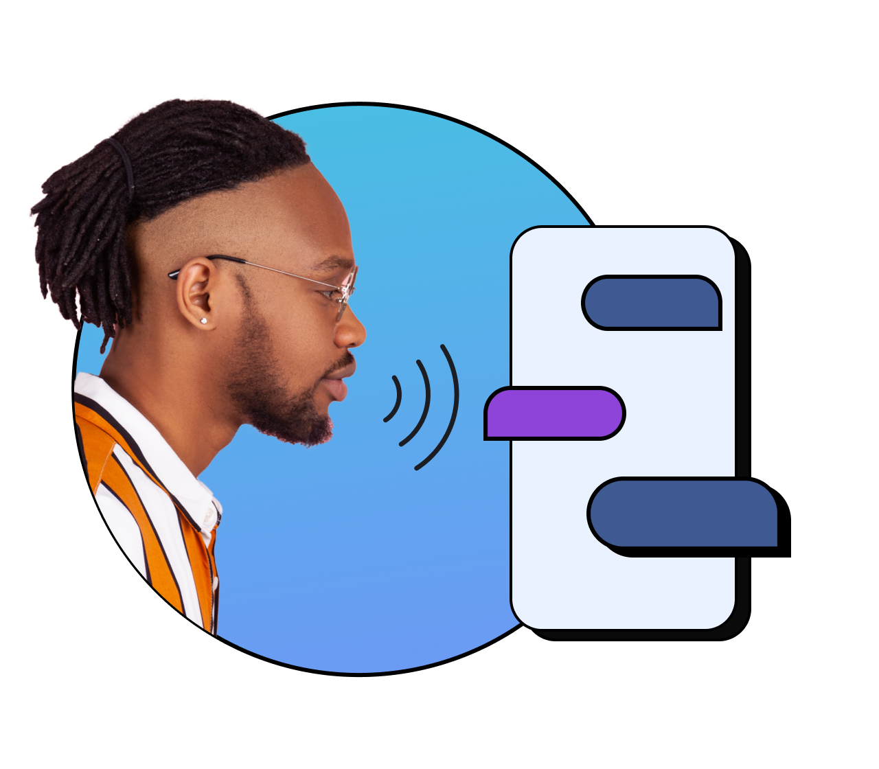 Unified Conversational AI & voice solutions illustration with man and phone
