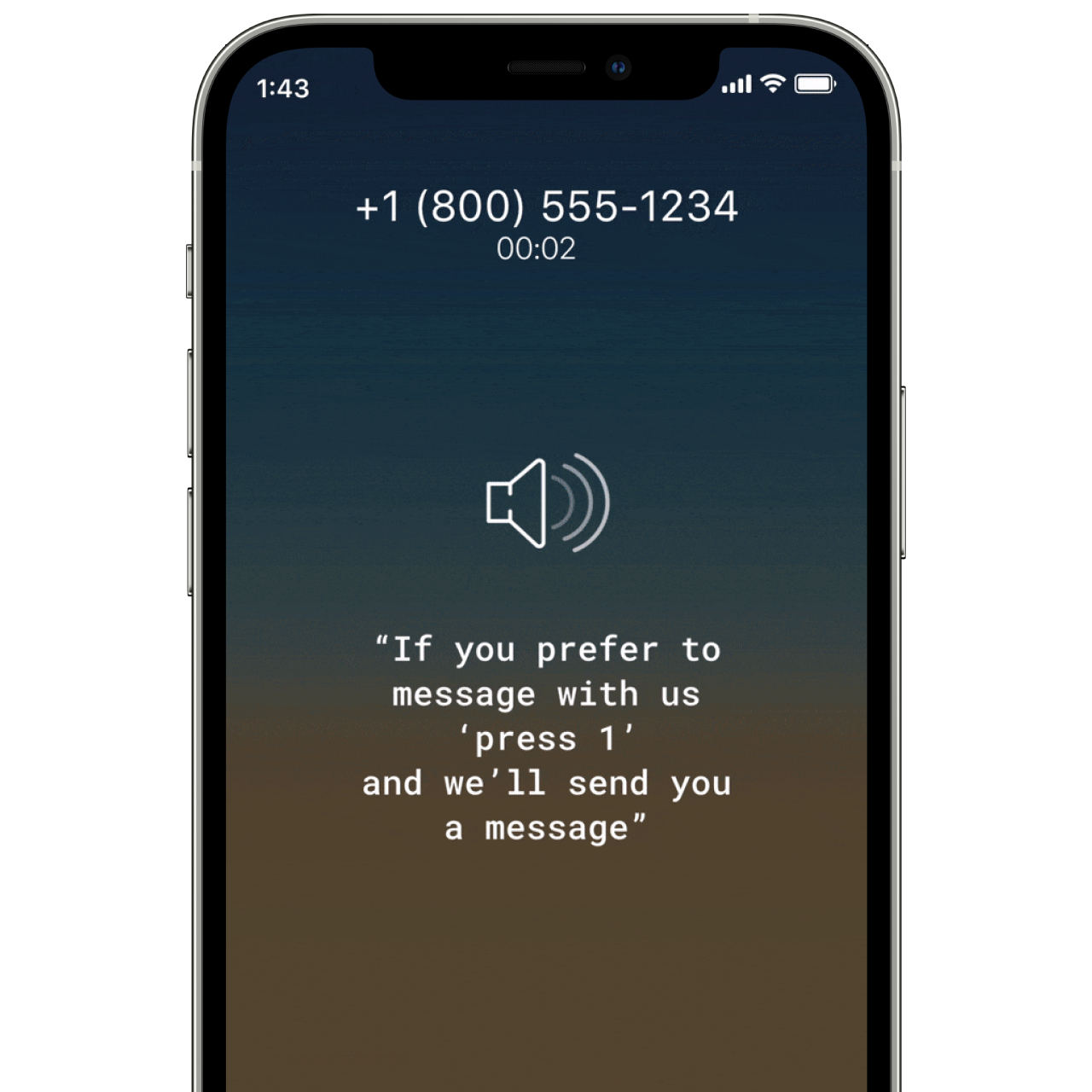 IVR deflection message asking caller to press 1 to switch to text, part of a conversation shifting or call deflection strategy with a unified customer messaging platform