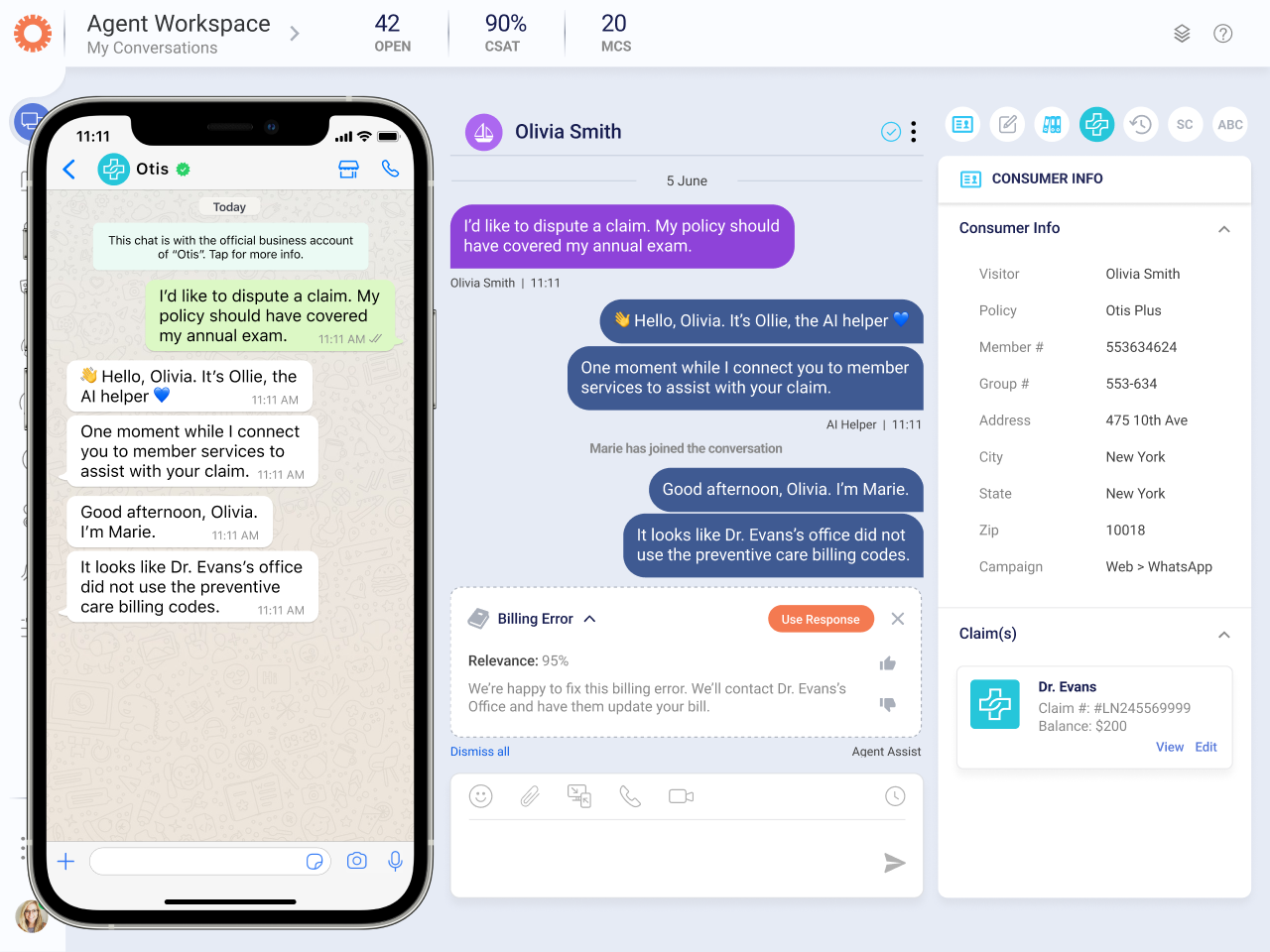 LivePerson Conversational Cloud managing a WhatsApp chatbot built for business