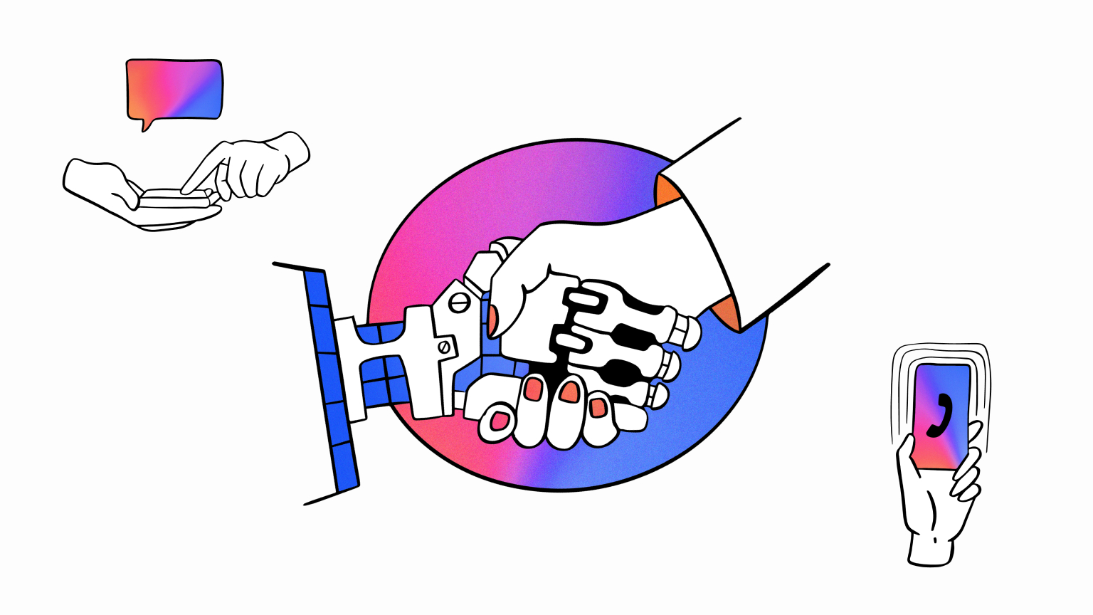illustration of robot + human hand shaking, symbolizing a connected customer experience