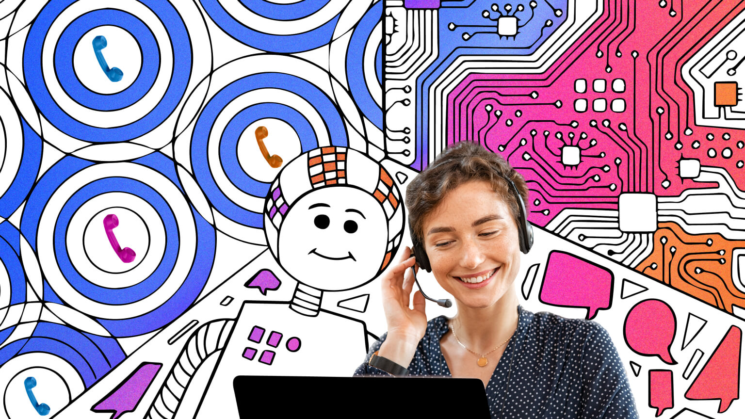 Illustrated Conversational AI chatbot helping customer service leaders respond in contact centers to improve customer satisfaction
