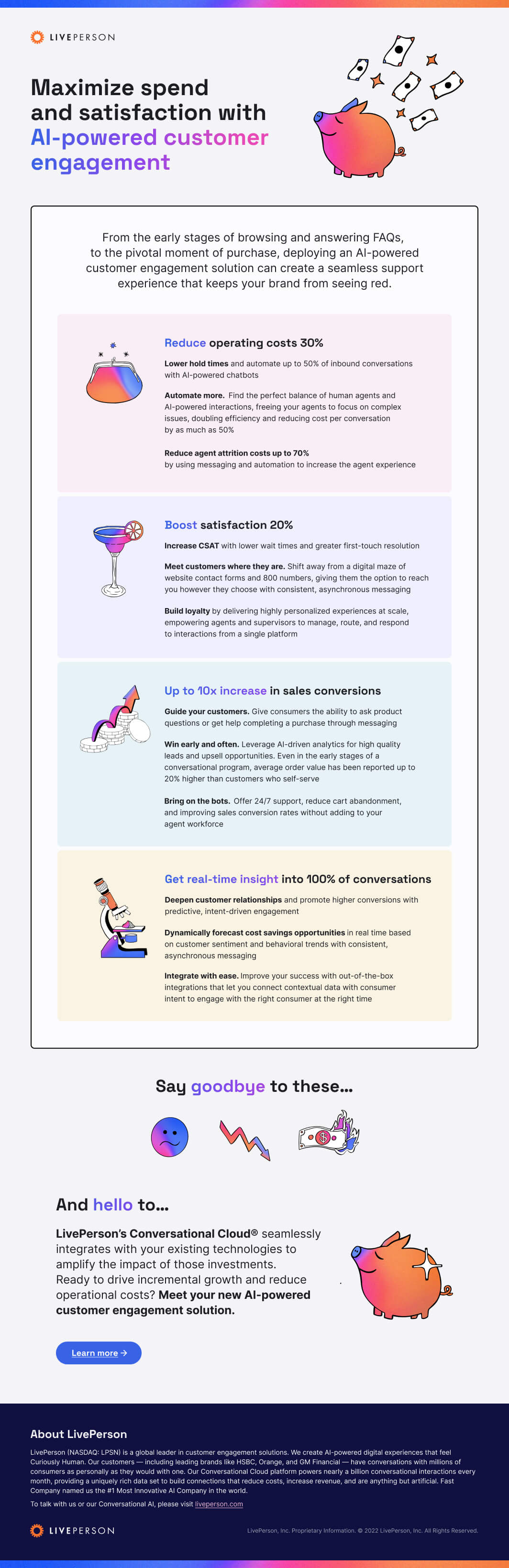 infographic depicting how to improve customer engagement with AI technology, how it can grow loyal customers, and grow revenue and savings