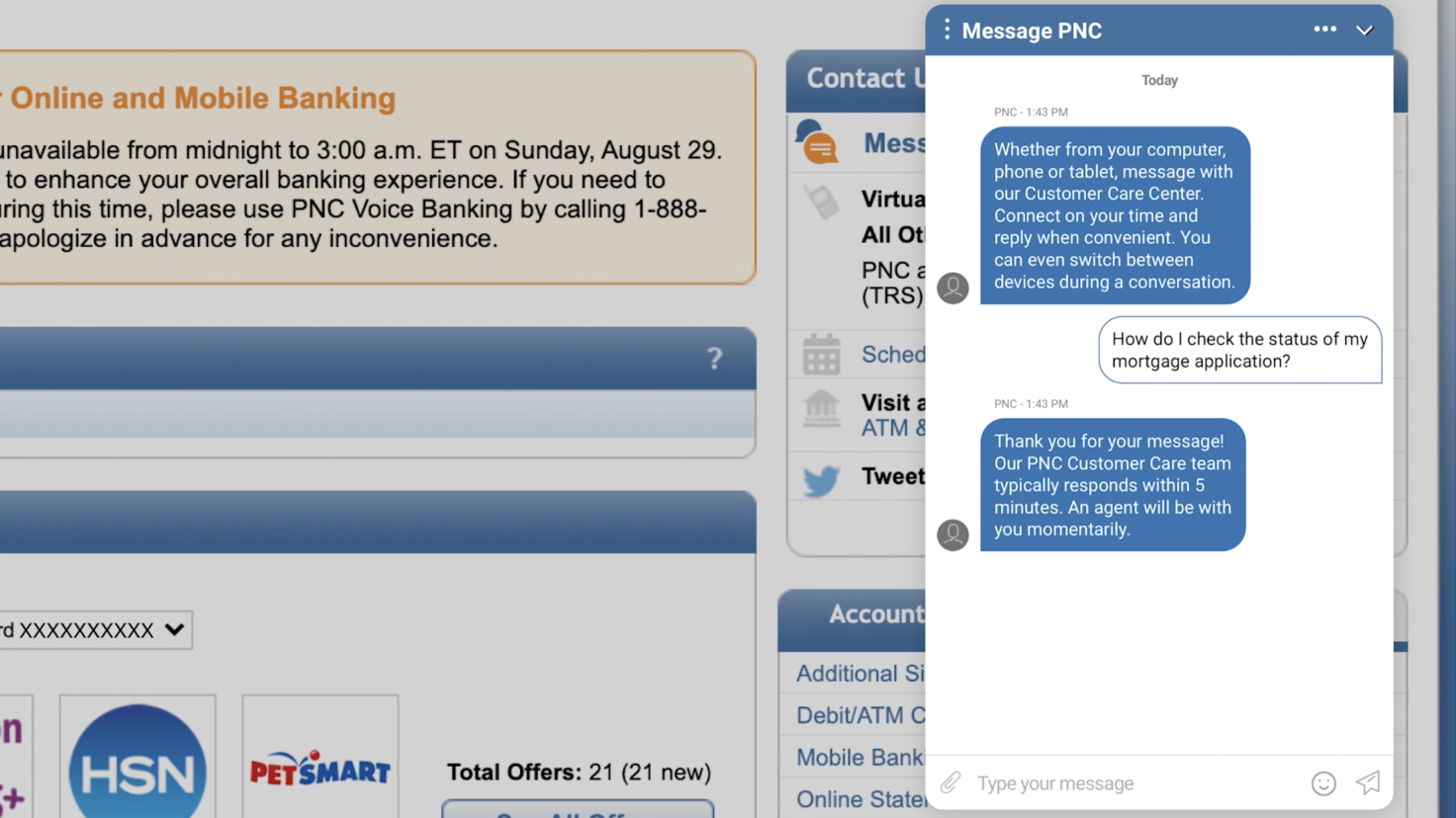 Adapting to customer communication preferences with PNC web messaging