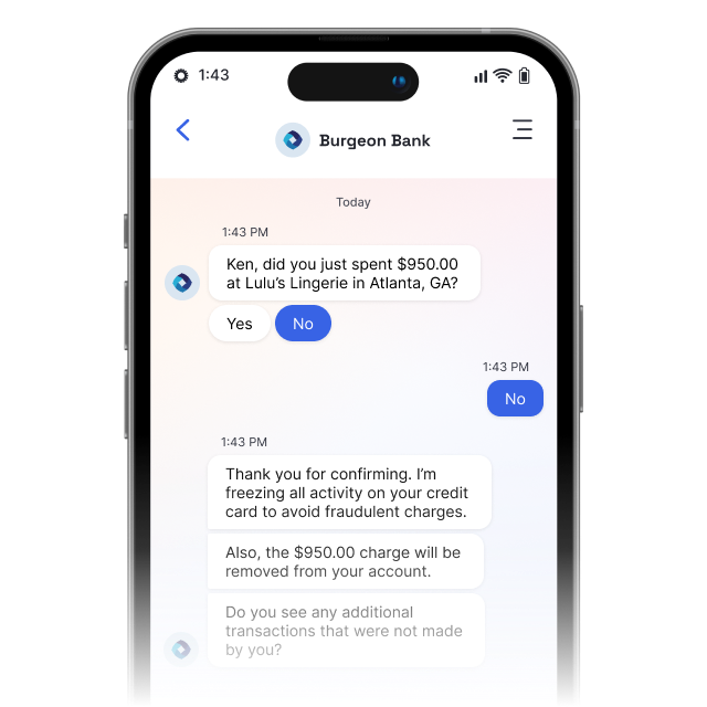 Conversational AI chatbot sending proactive fraud alert