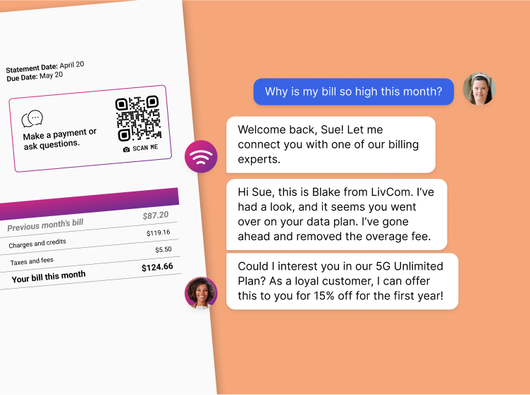 Conversational AI examples: Conversational bot + customer service agents working together to help with billing questions