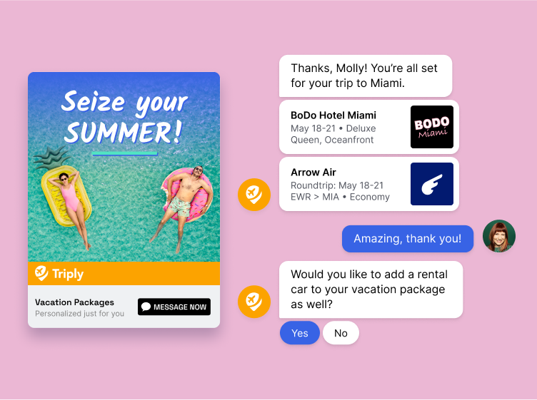 Conversational AI examples: Social media messaging ad that drives into a messaging app to book a vacation.