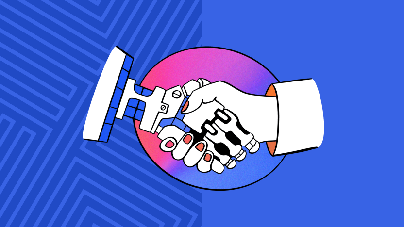 AI bot + human hand illustrate the digital transformation tools and business processes used by leaders
