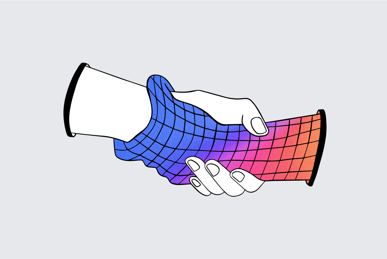 human + virtual assistant hands, illustrating how we work to reduce bias in artificial intelligence technology via machine-learning, natural language processing, and more.