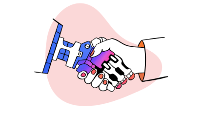 AI Hub: Generative AI webinar illustration with robot + human hands shaking