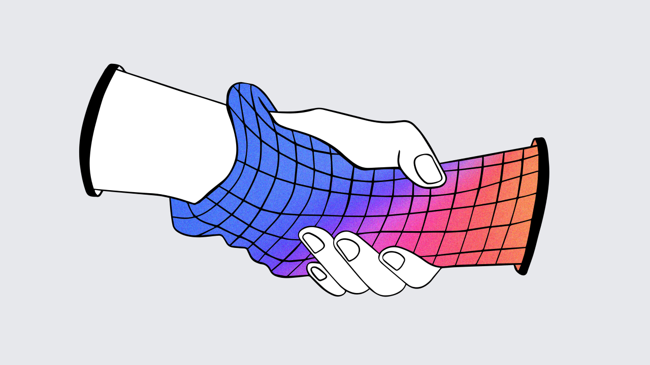 EAI graphic representation of human hand holding the hand of an artificial intelligence bot