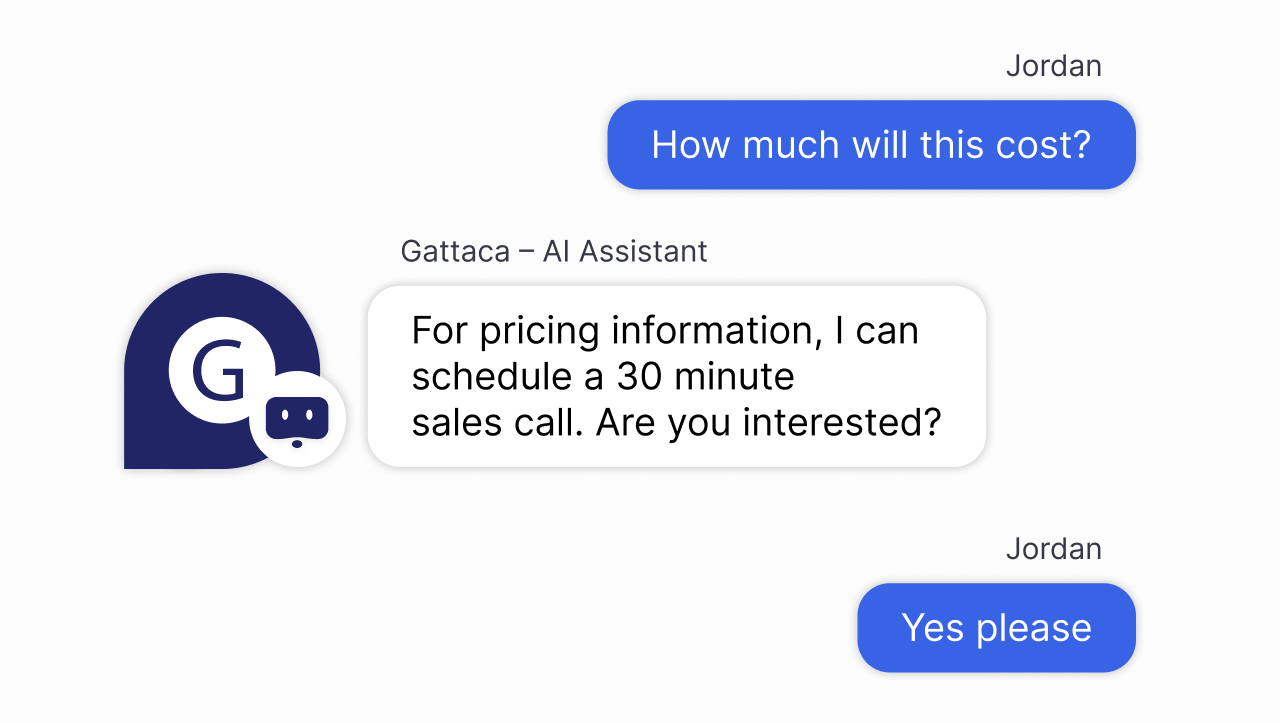 Conversational AI for B2B example: Chatbot using natural language processing to answer a customer's question and convert into a pricing lead.