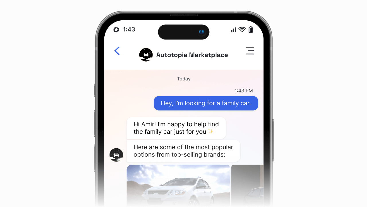 Conversational AI for B2B example: Car shopper messaging the automotive marketplace for help finding a car
