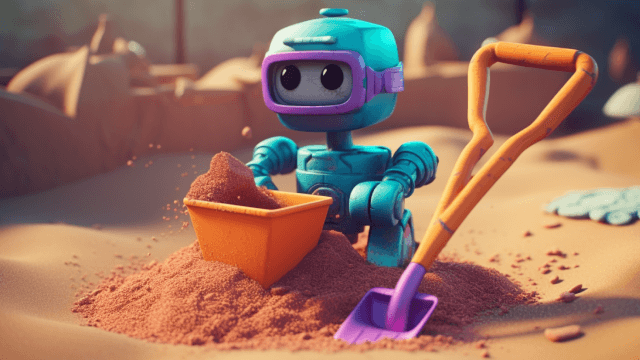 Robot playing in sand, illustrating LivePerson sandbox, a safe AI environment for testing