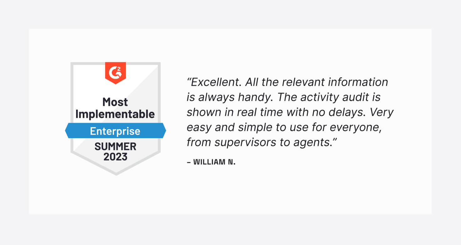 one of the G2 software reviews submitted for our 2023 best software awards: William states: ""Excellent. All the relevant information is always handy. The activity audit is shown in real time with no delays. Very easy and simple to use for everyone, from supervisors to agents."