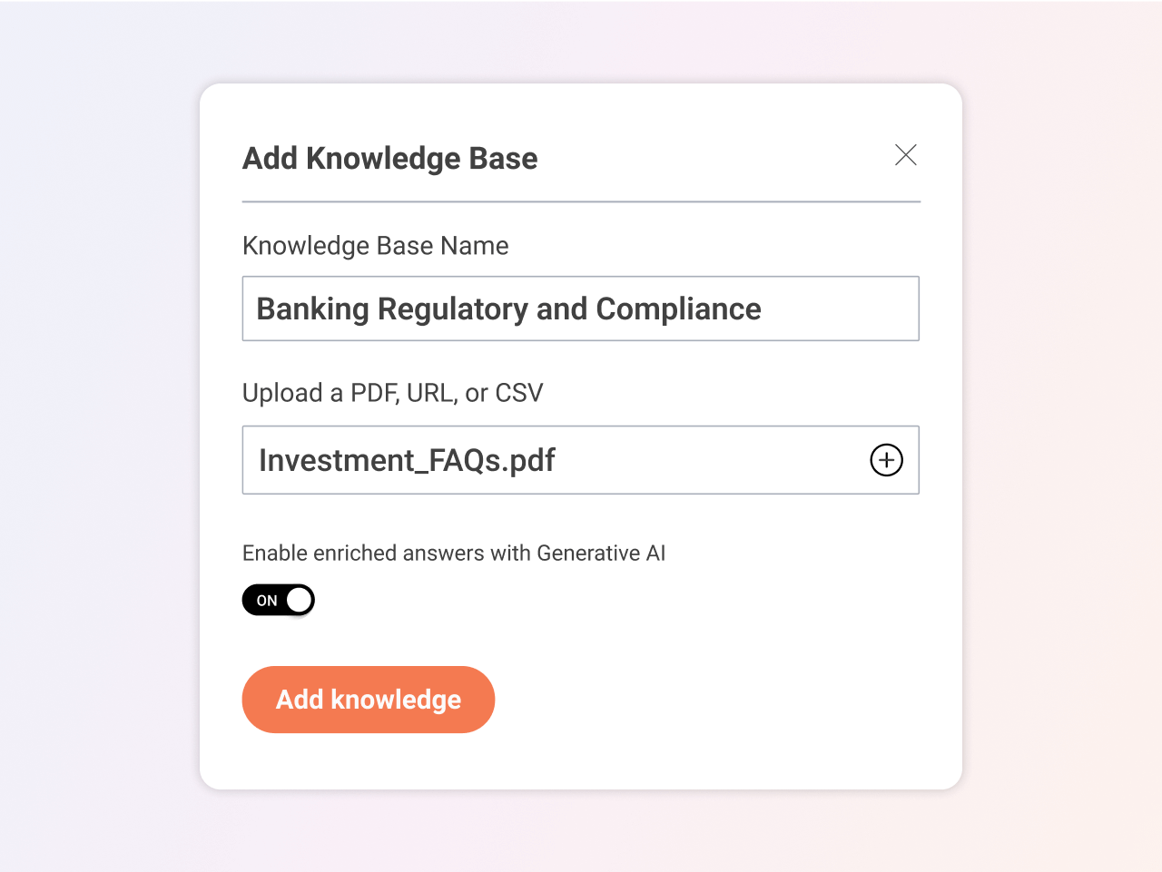 Dashboard where you add a PDF to a Knowledge Base to enhance machine learning and more customized content