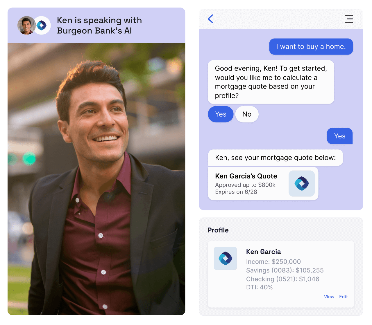 Conversational AI technology using natural language processing to understand a banking customer's need to buy a home and offer mortgage options via conversational interfaces