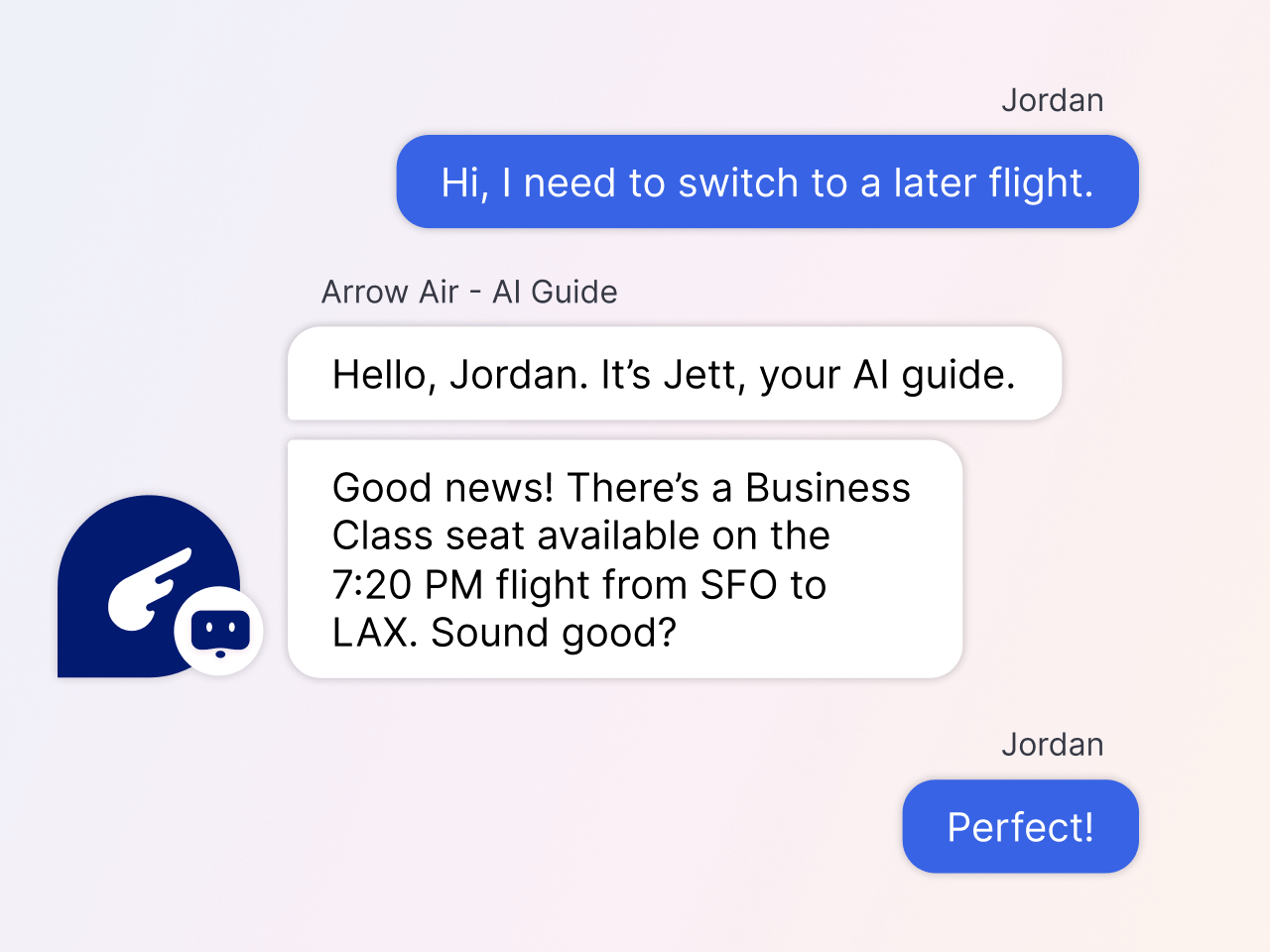 machine-learning virtual assistants built on our conversational ai platform help a traveler switch flights, providing excellent customer service like a member of the customer support team