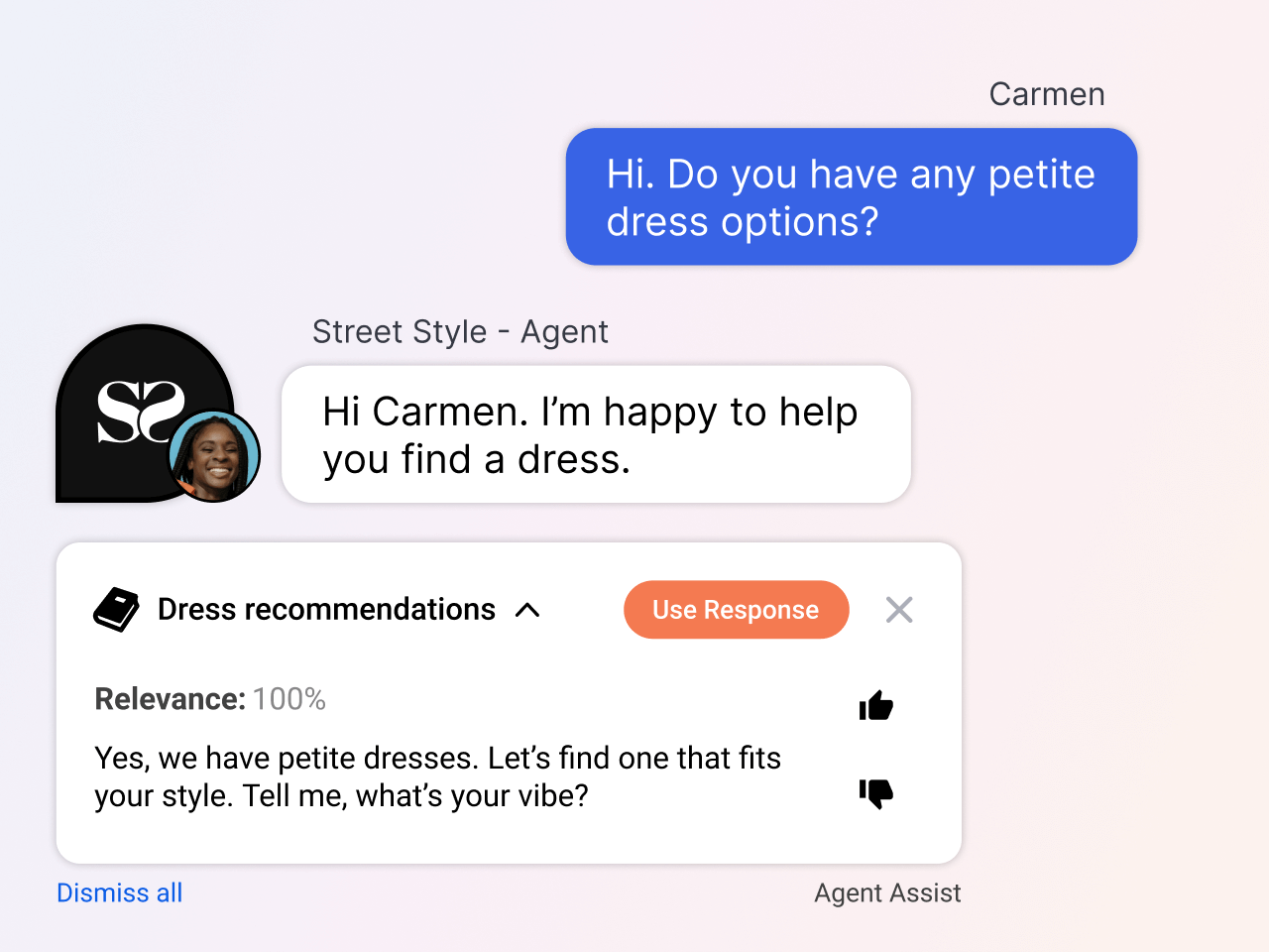 Example of how the best conversational AI platform solves customer problems, like creating virtual assistants as style guides for online shopping
