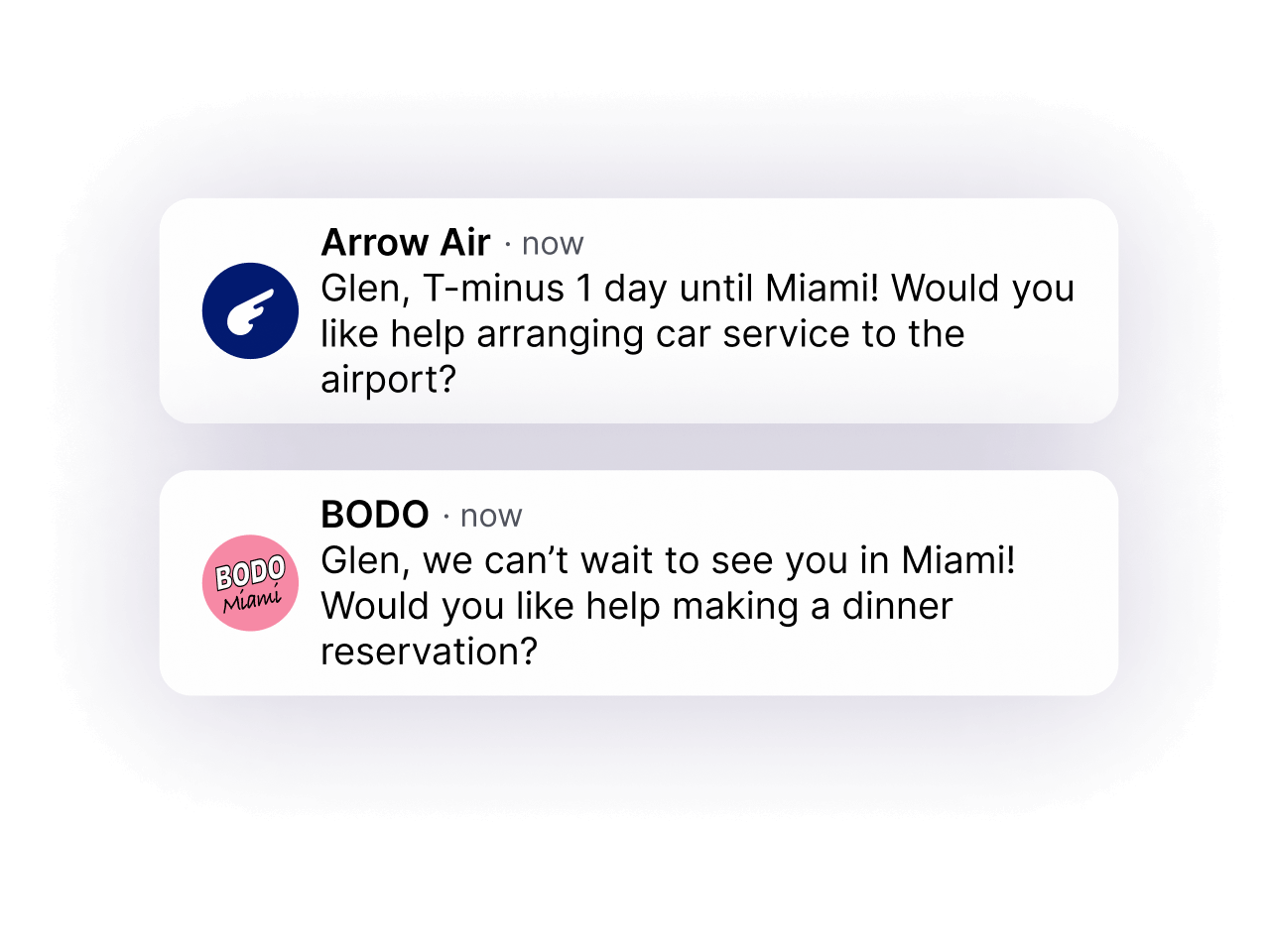 conversational ai platform providing proactive notifications about arranging car and dinner reservations, using natural language understanding
