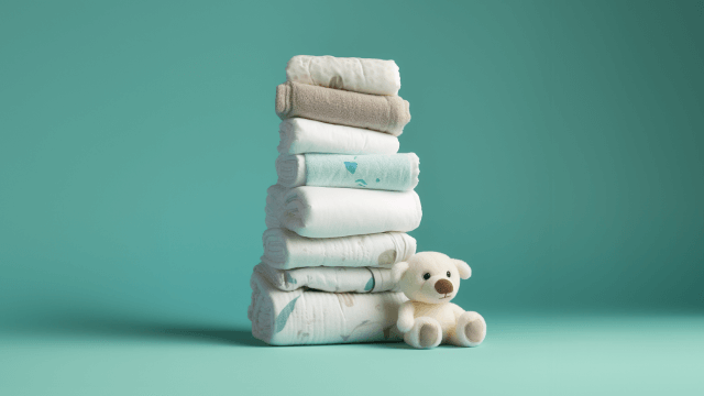 stack of diapers, blankets, and teddy bear, signifying the need for a customer support chatbot because people would rather have diaper duty than wait on customer service reps