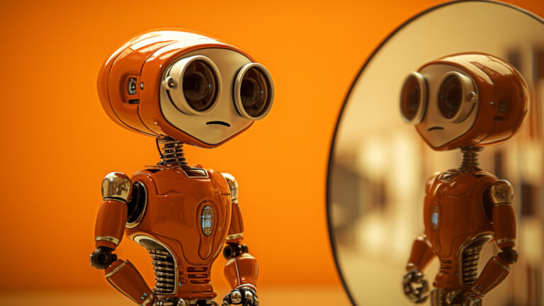 robot looking in mirror, illustrating the concept of defining AI chatbot vs conversational AI