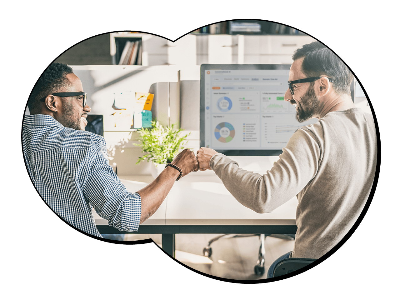 agents at contact centers fist-bumping to celebrate the use of an enterprise managed services provider for contact center solutions
