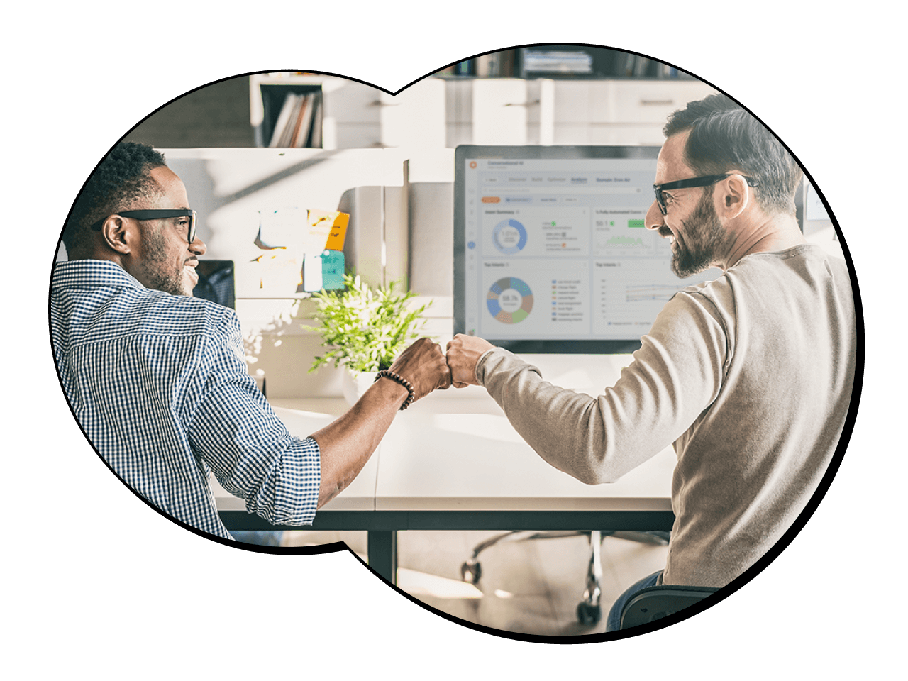 agents experiencing a contact center transformation fist-bumping to celebrate the use of an enterprise managed services provider for contact center solutions