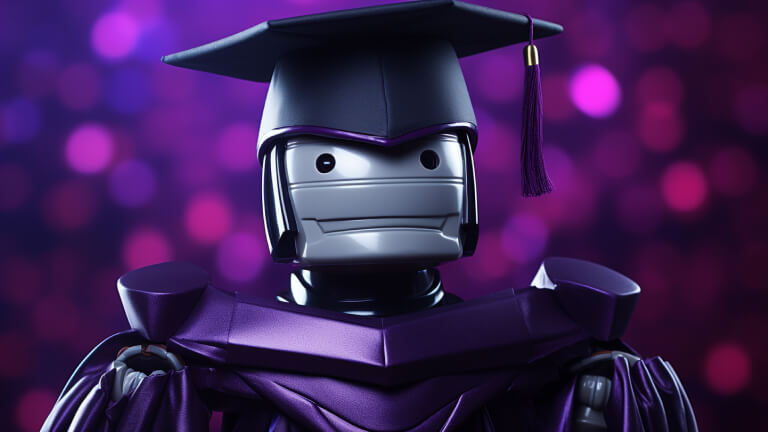 Bot in graduation outfit, representing how conversational intelligence uses AI and machine learning to analyze sales conversations