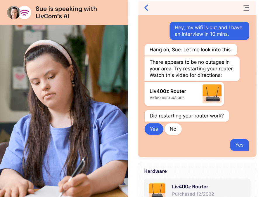 virtual agent answers question about wifi outage via messaging, with integrations that confirm the customer's location