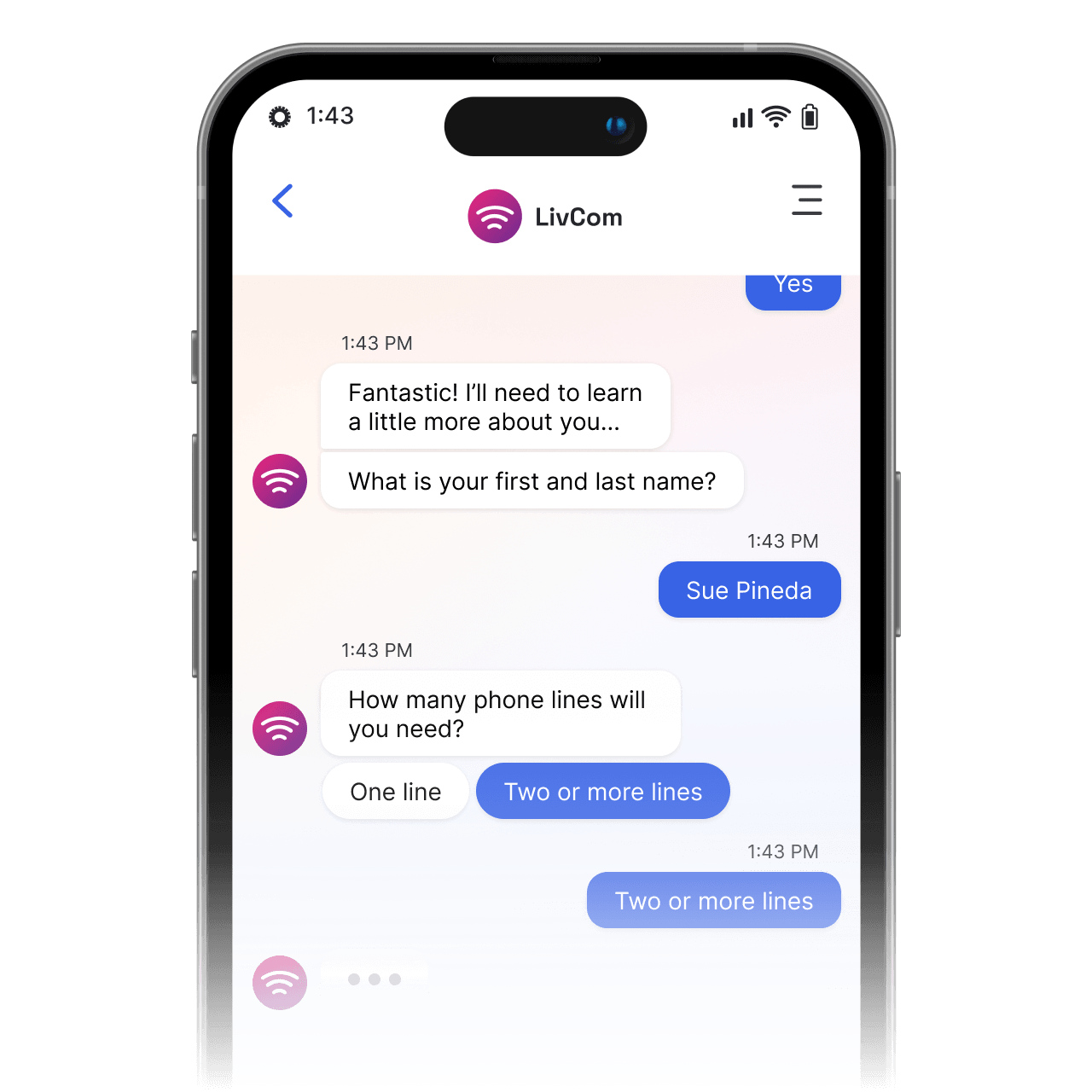 AI chatbot guiding new customers through a self-service onboarding flow.