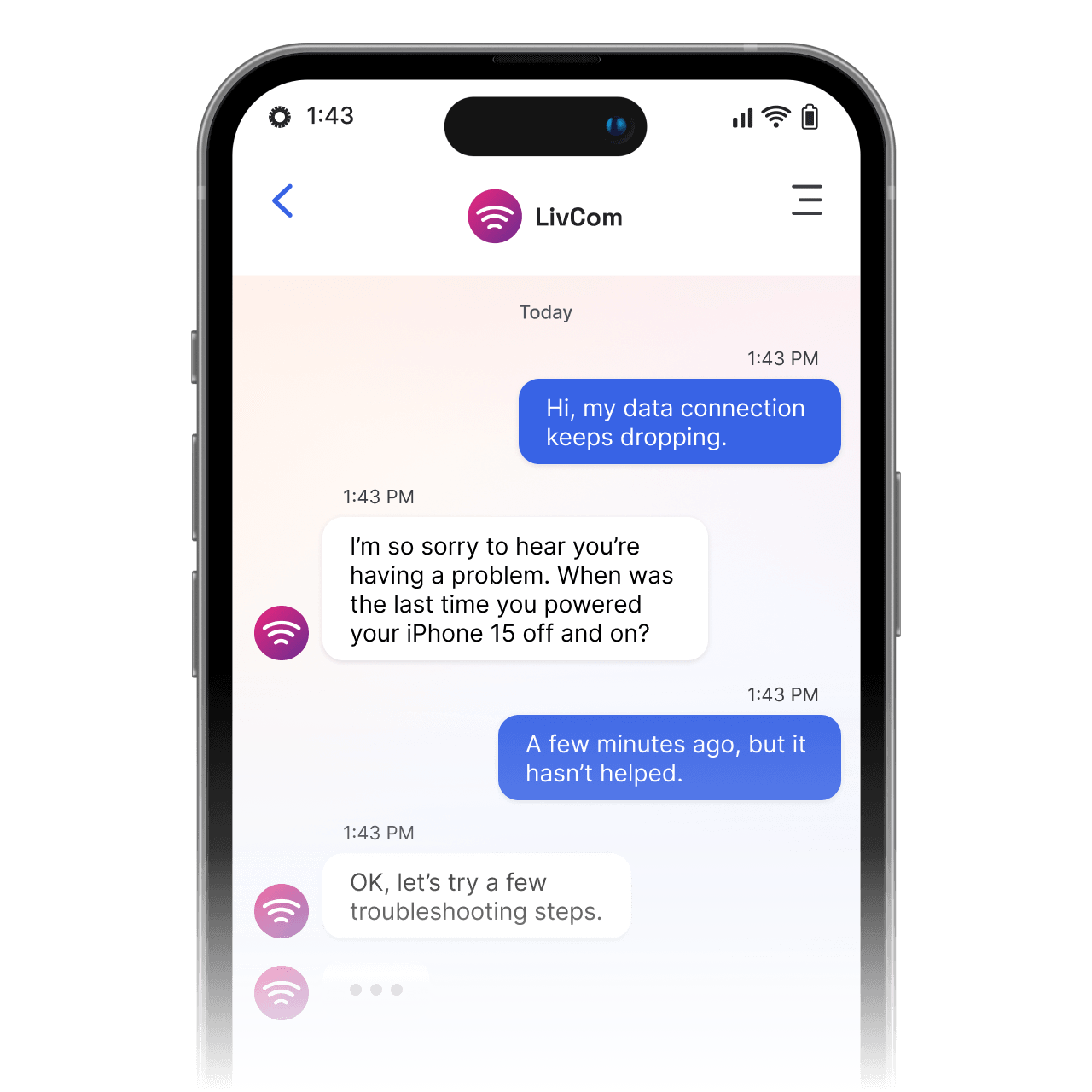 Example of messaging with an AI chatbot for customer support