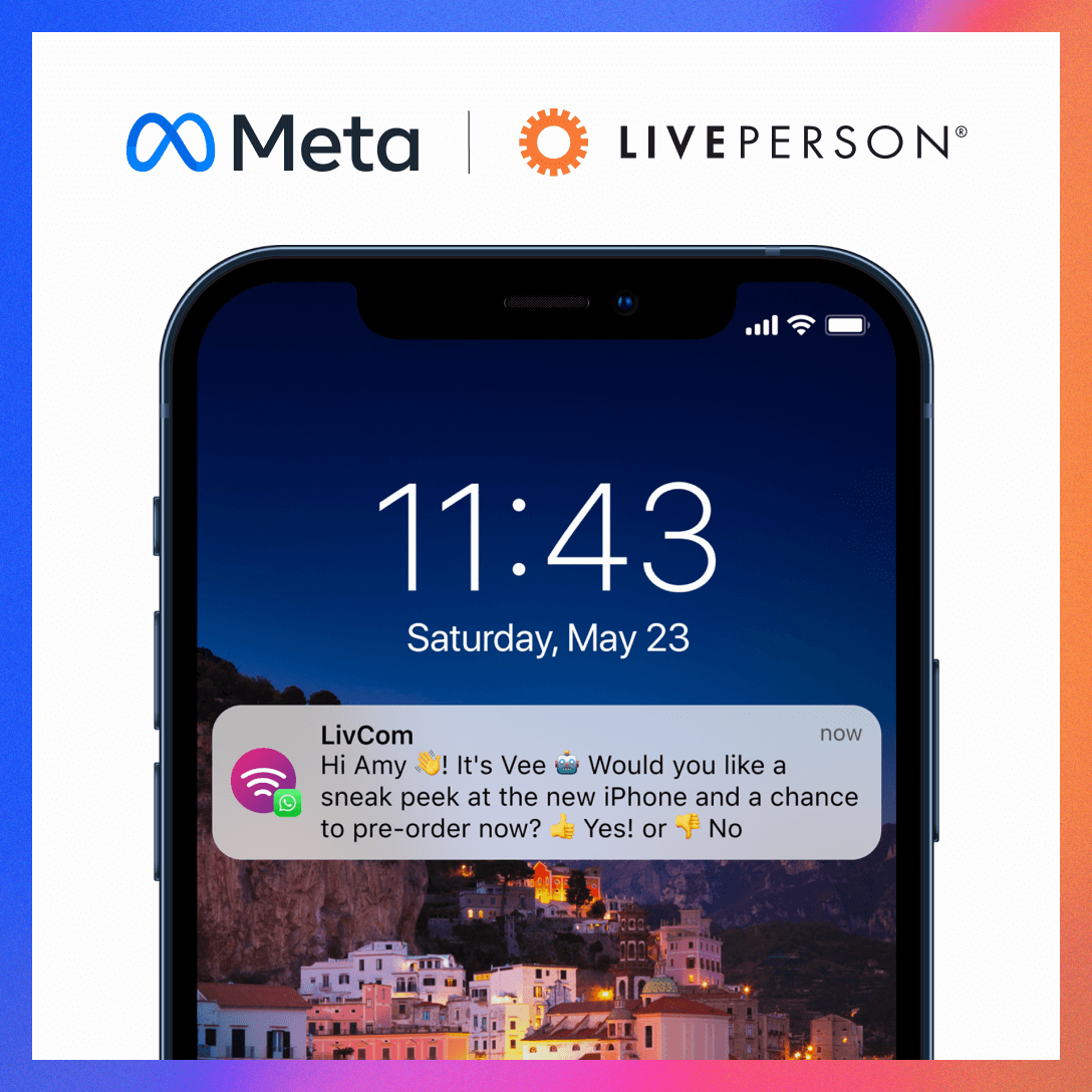 Meta + LivePerson logos with WhatsApp conversation example