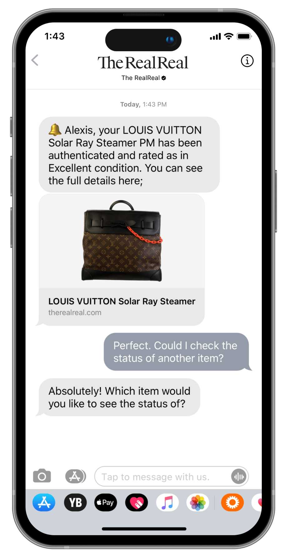Example of a great digital customer experience via AI chatbot messaging, helping a consignor check item status