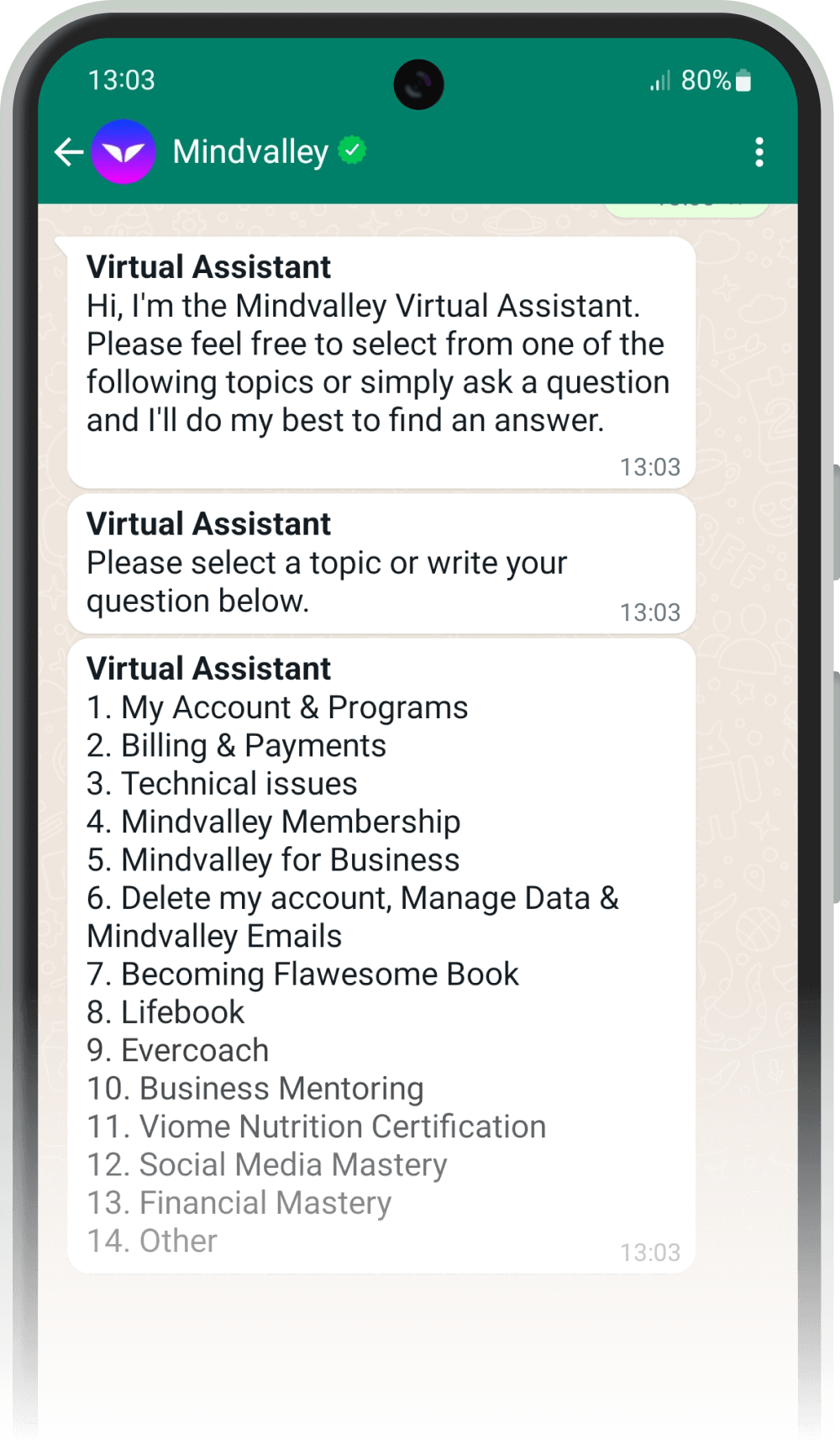 WhatsApp message, showcasing the use of AI and digital technologies to provide guidance on choosing classes