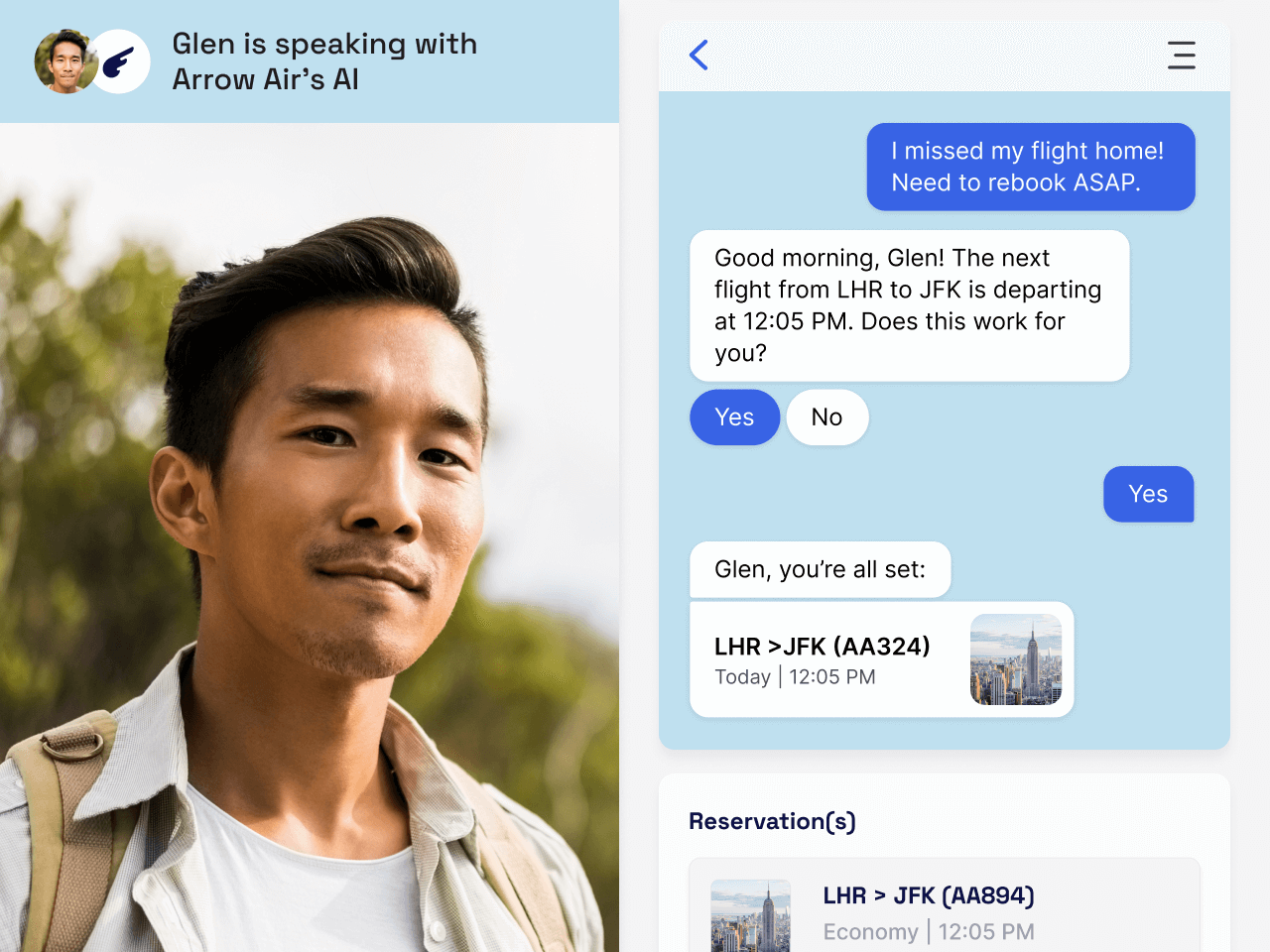 messaging example of how an AI-powered travel contact center streamlines a missed flight and rebooking