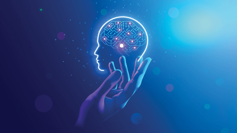 hand and brain illustration, representing AI's role in a positive contact center experience