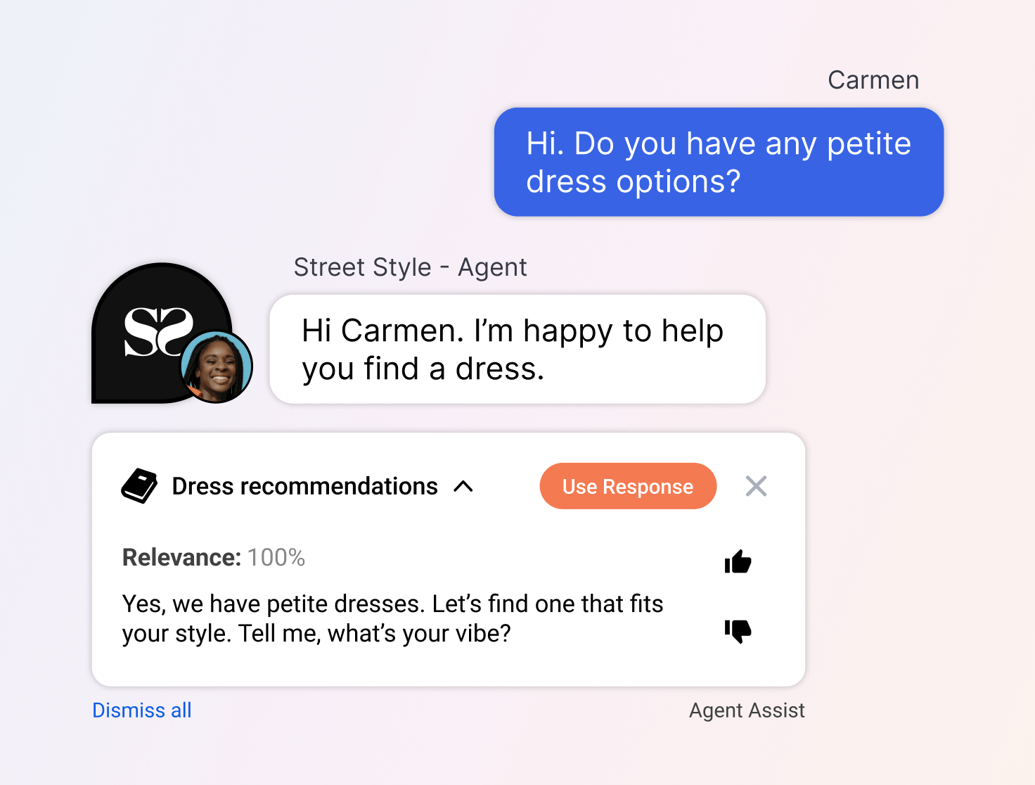 message recommendation from Copilot, one of LivePerson's contact center software tools for agents at call centers, virtual contact centers, and more