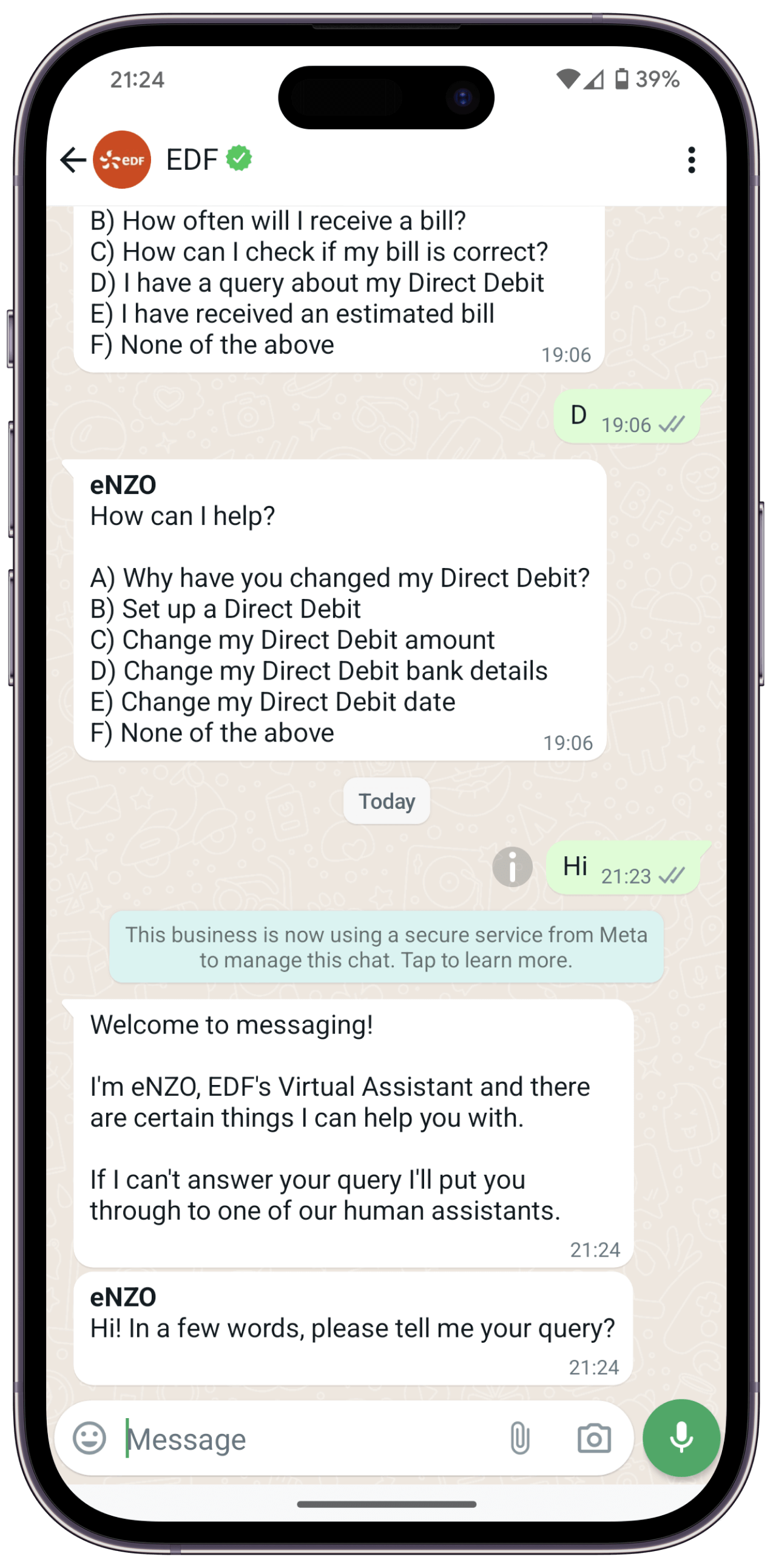 WhatsApp conversation about paying bills, showing how digital technology can provide energy services to assist oil and gas industry businesses