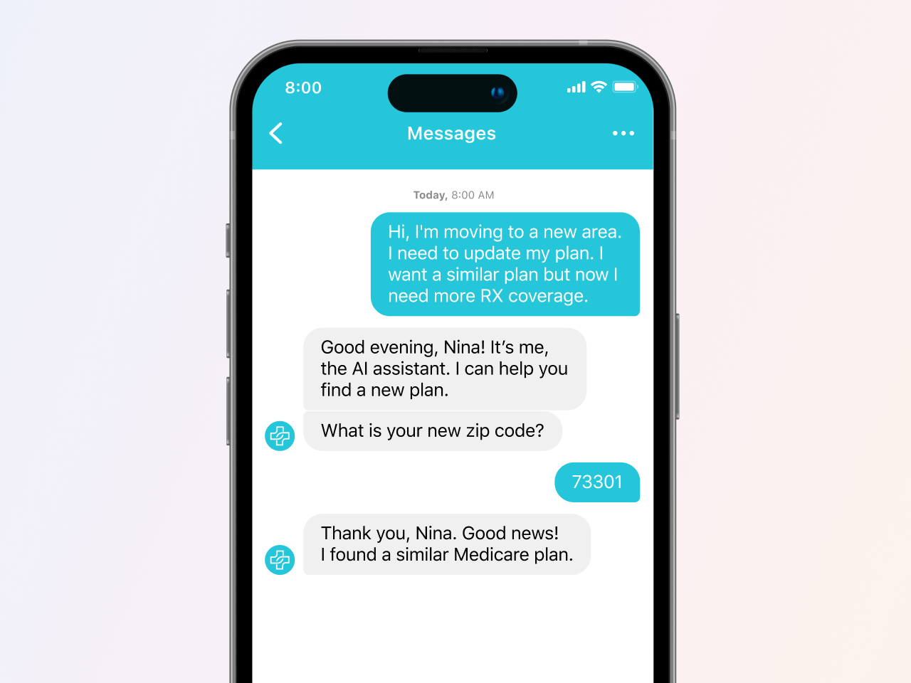 messaging conversation with AI assistant helping patient find new healthcare plans when they move