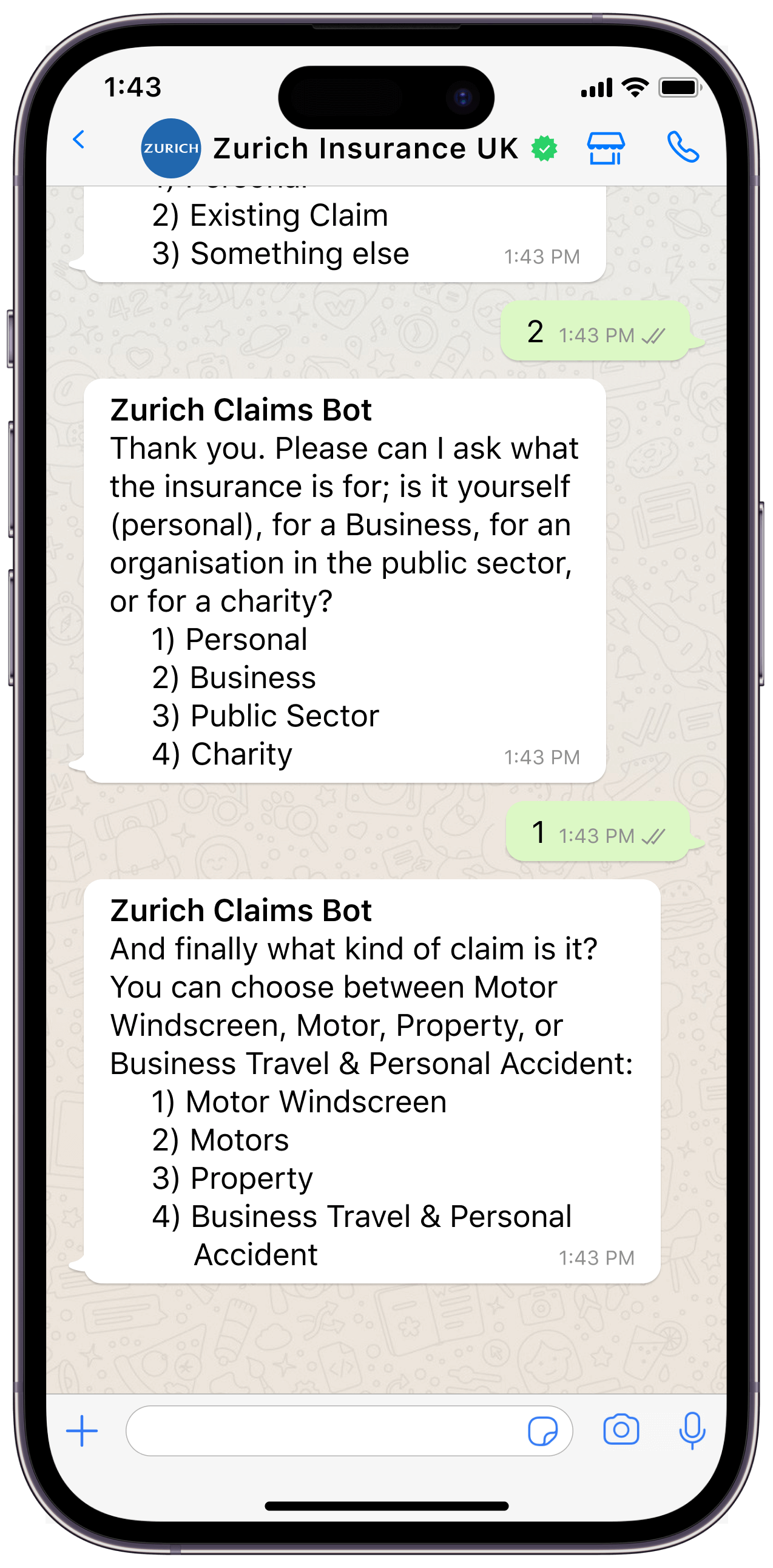 insurance providers' bot gathering information for the insurance claims process over WhatsApp