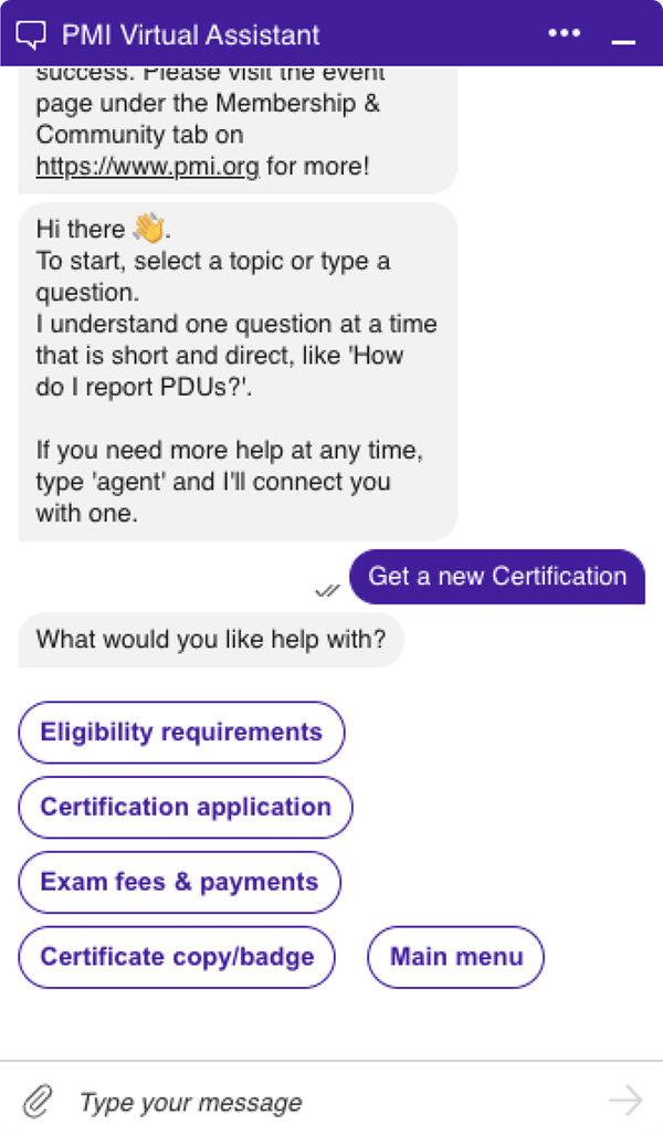 web messaging example using customer support AI to answer customer queries about certifications