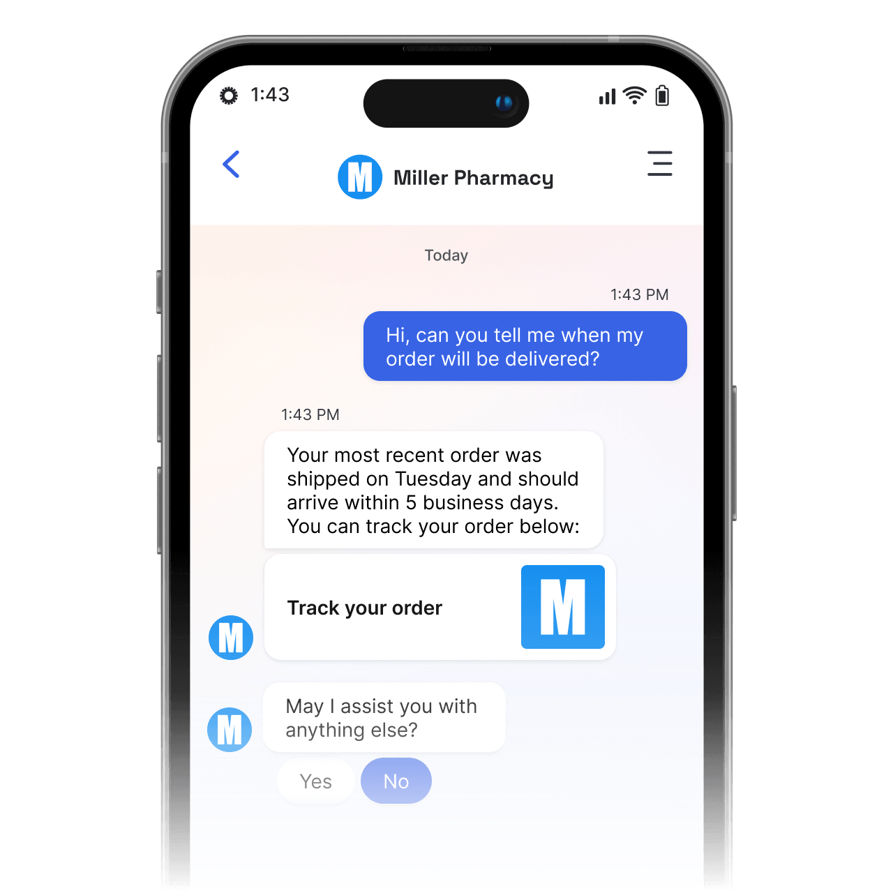 healthcare conversational ai example, sharing pharmacy order status over messaging