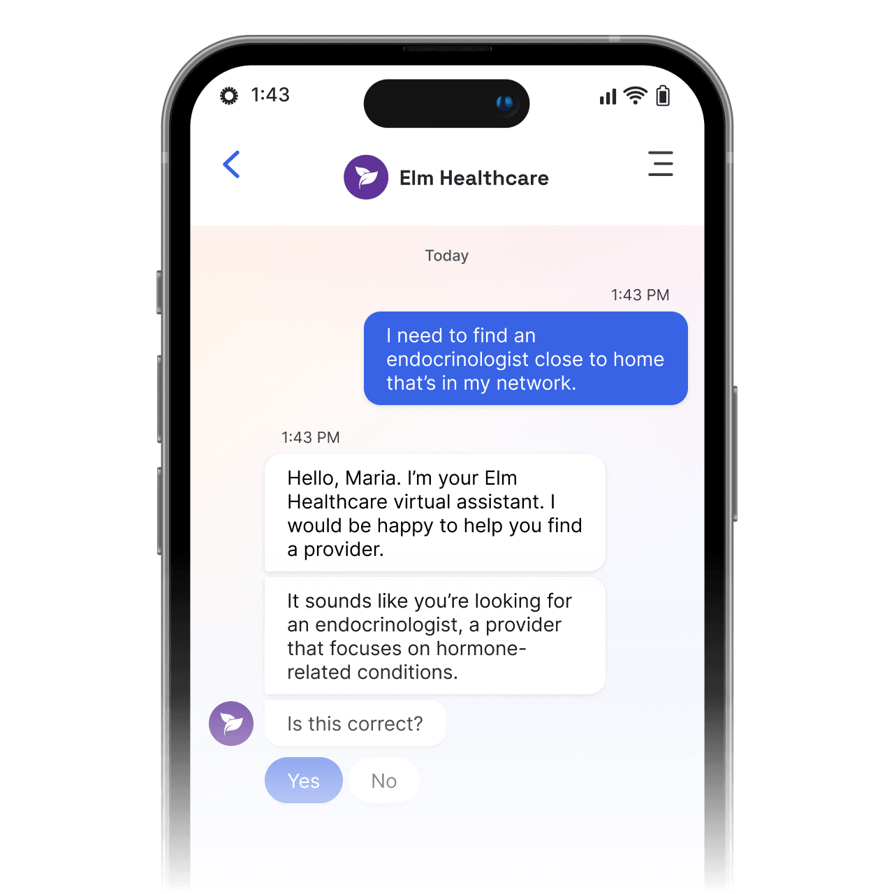 example of conversational ai in healthcare with a bot helping patients find healthcare providers