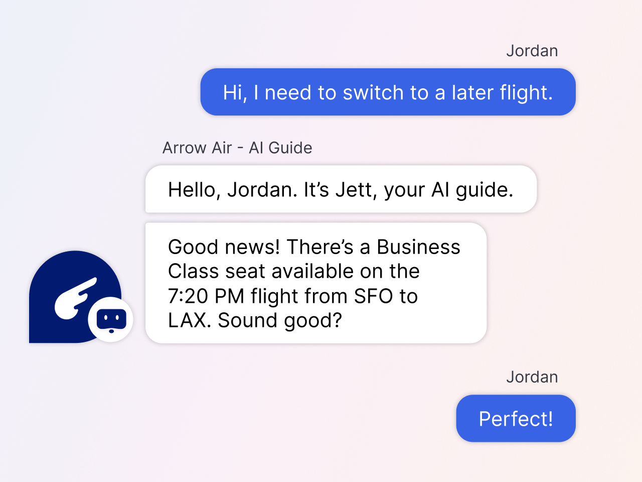 example of virtual agents built on LivePerson's conversational AI platform helping change a flight