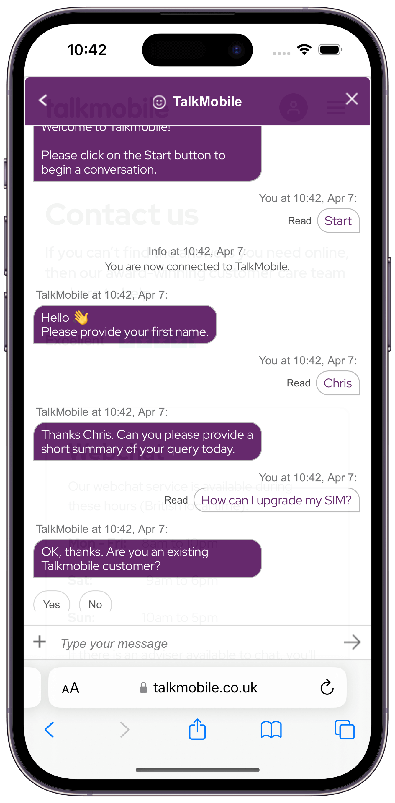 Conversation in Talkmobile's online digital channels, lowering customer effort to accomplish tasks like upgrading SIM