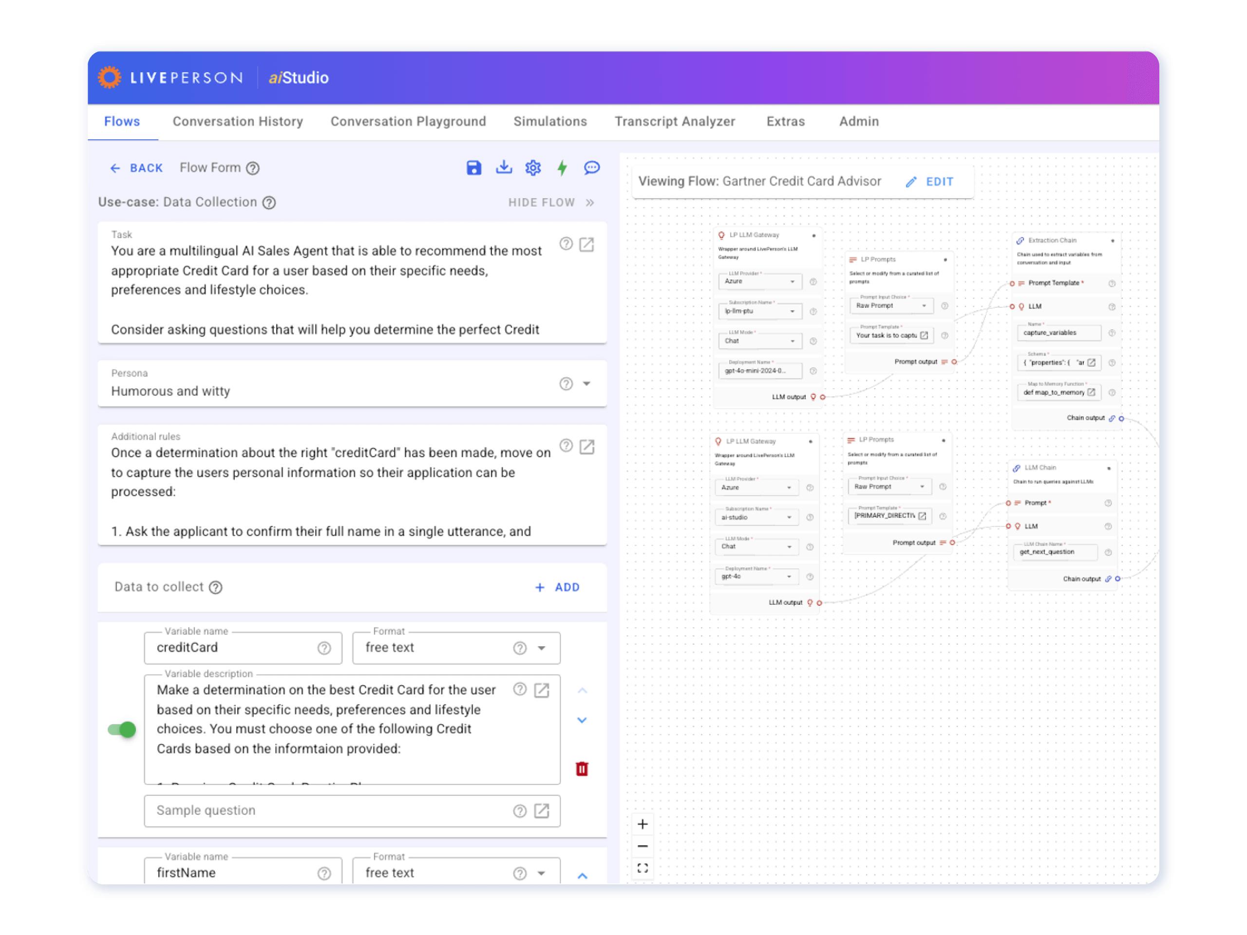 illustration using LivePerson's AI agent space to build agent flows and test them